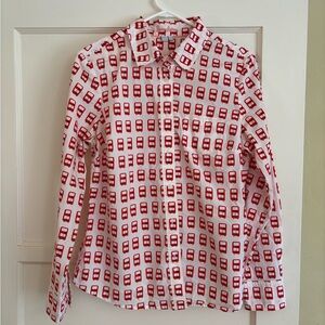 Boden 100% Cotton Red Double Decker Bus Print Button Up Long Sleeve Shirt